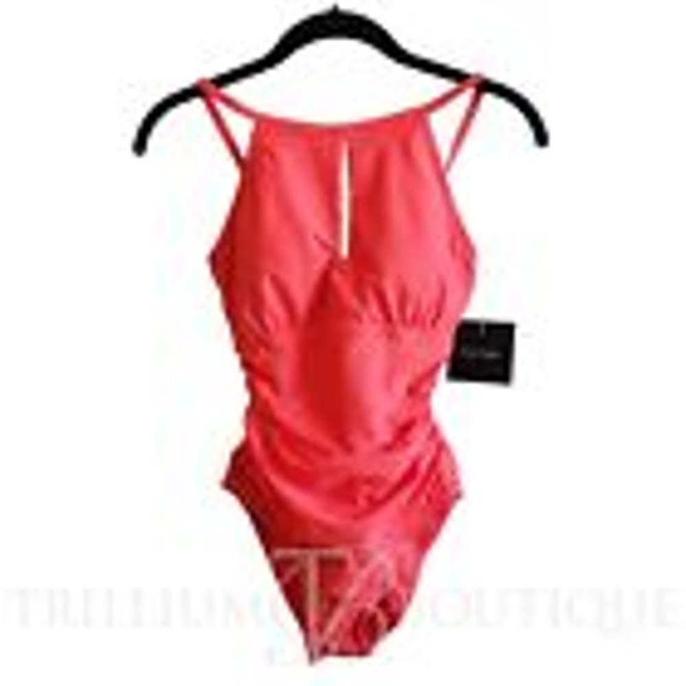 Ellen Tracy Women's Swimwear in Poppy Color, One Piece, Ruching, Sz 8, NWT